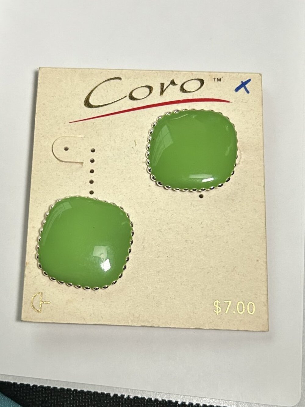 Vintage Coro Green Enamel Square Button Stud Earrings Made in Canada NOS